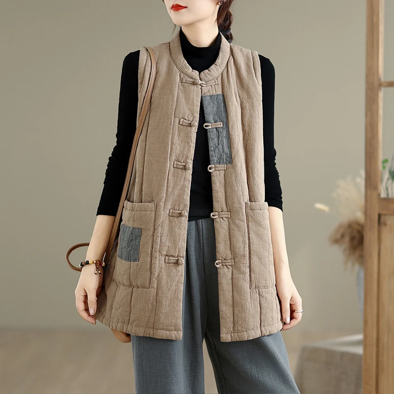 Chaleco de lino y algodón Thiened Color puro suelto calidez mujer Otoño Invierno Color Zen Sle nueva llegada