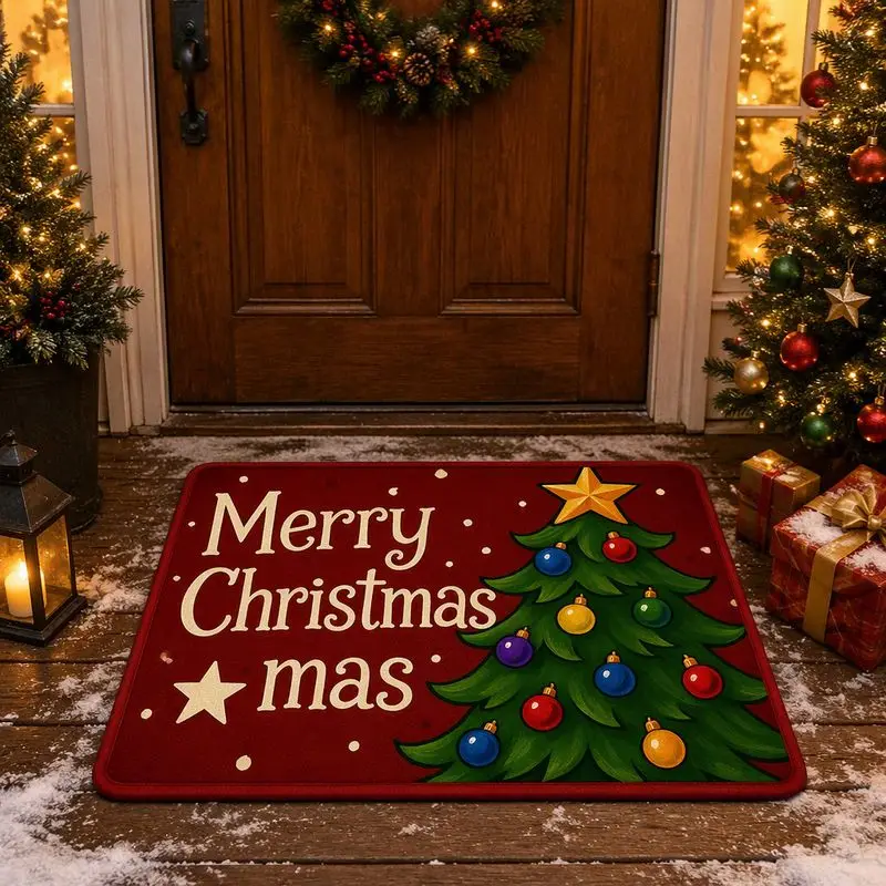 VIKAMA Christmas Tree Door Mat Cream Red Green Star Snowflake Non Slip Washable Absorbent Front Door Happy New Year Home Decor