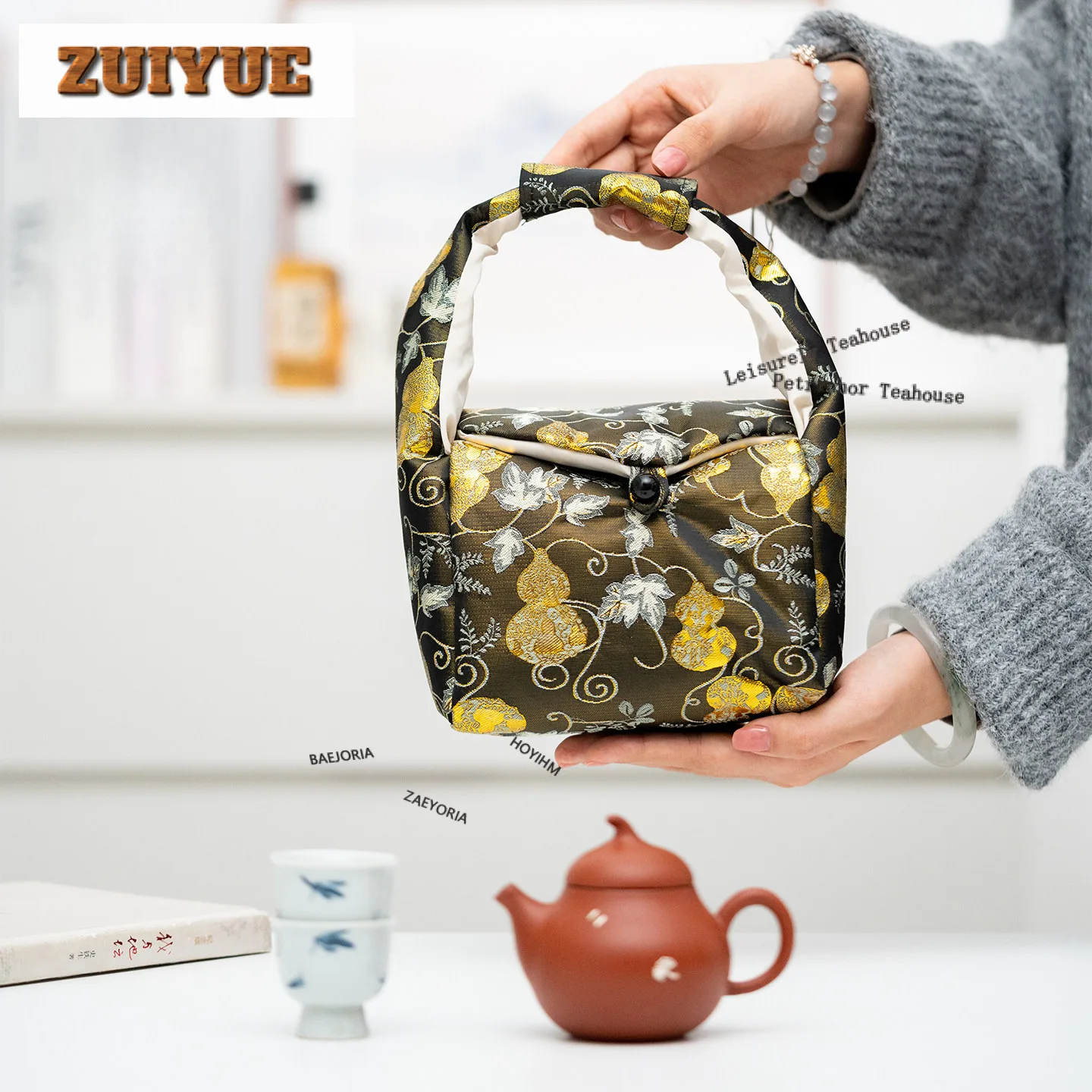 Gourd Brocade Cotton Cloth Tea Cozies Luxury Tea Cozy For Teapot Portable Bag Travel Tea Set Bag Tea Ceremony Collection Craft view 6