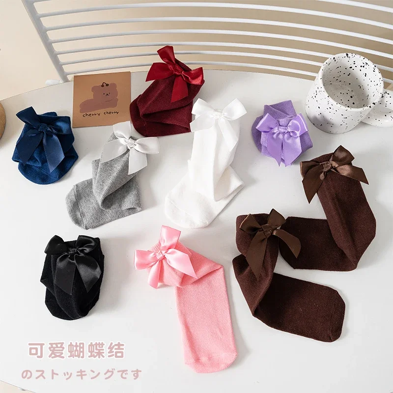 

Girl's Mid Tube Socks Spring Autumn Lolita Bow Korean Version Princess Little Girl Student Solid Color Long Tube Dance Socks