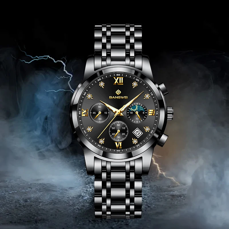 BANGWEI Top Brand Luxury Man Watch Casual Sports Date Moon Phase Waterproof Clocks Male Steel Belt Fashion Quartz Men's Watches