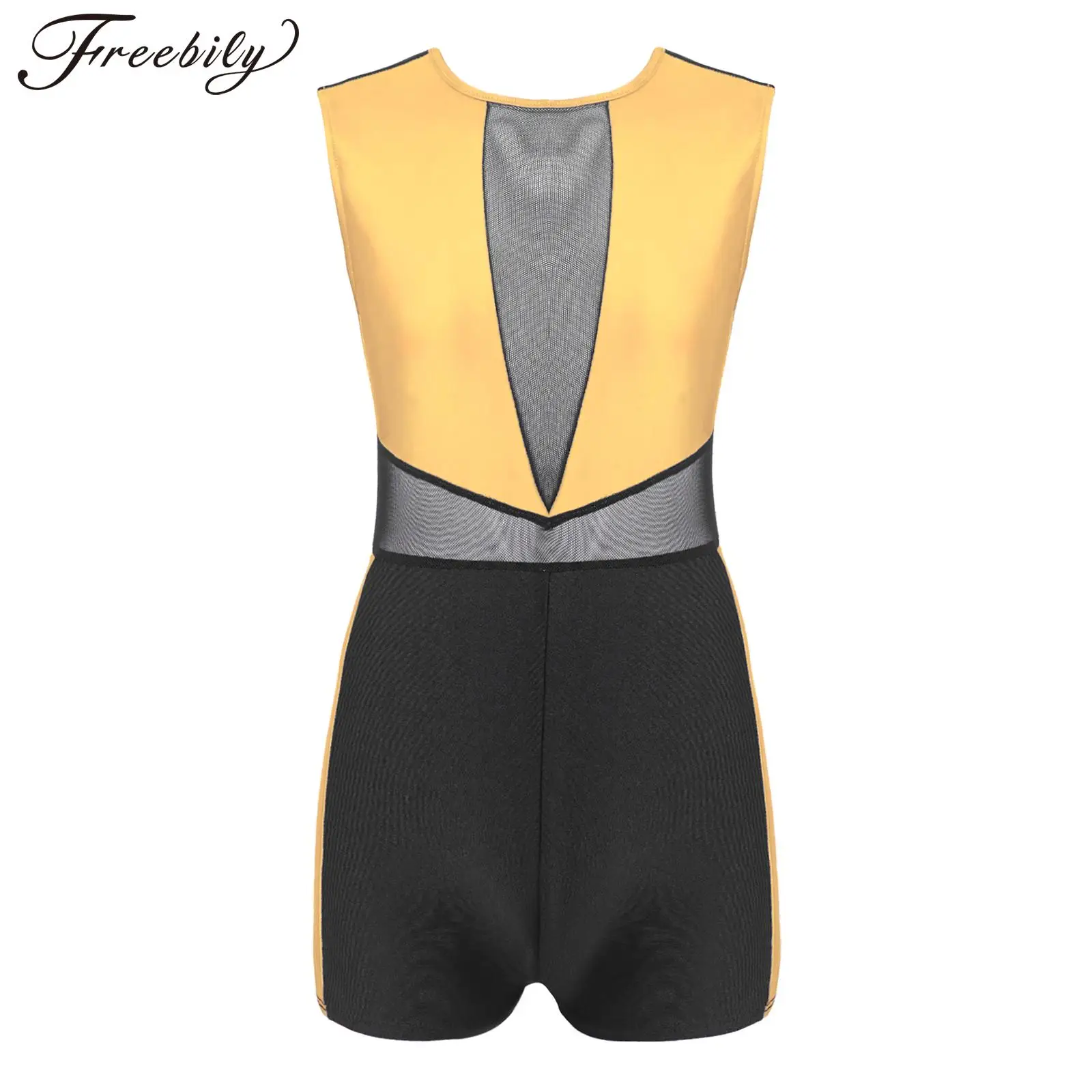 Kids Girls Ballet Gymnastics Leotards Sleeveless Sheer Mesh Patchwork Backless Boxer Jumpsuit for Dance Traning Performance