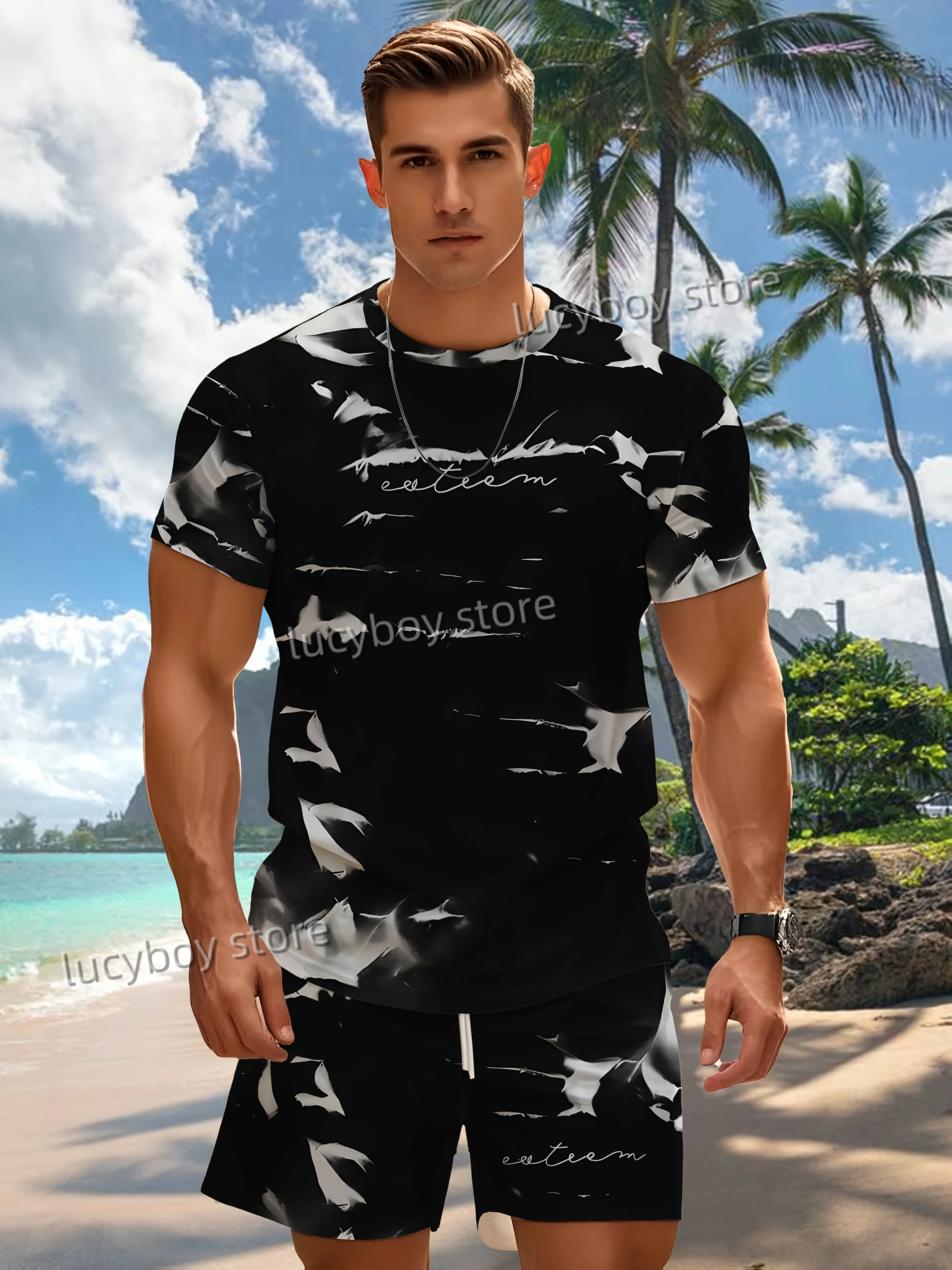 Man 3DGradiëntkleur Gedrukt Sport T-shirt + shorts Pak Set Mannen Mannelijke Luxe Trainingspak Outfit Zomer Oversized 2-delige Set Kleding