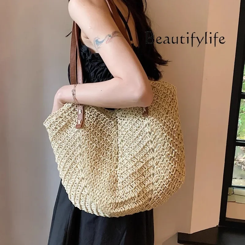 Straw bag women's new seaside vacation beach woven bag large capacity shoulder tote handmade bag