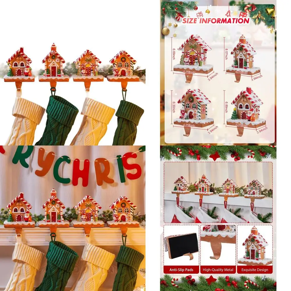 

Набор из 4 держателей для рождественских чулок из 3D-смолы, нескользящие крючки для камина и праздничных украшений на тему конфетного дома