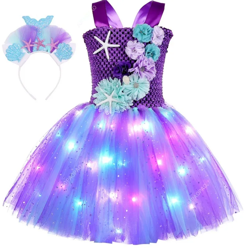 New Pricness Girls Mermaid Tutu Dresses with LED Lights Sea Theme Party Starfish Ariel Cosplay Costumes Purple Ball Gown Dress