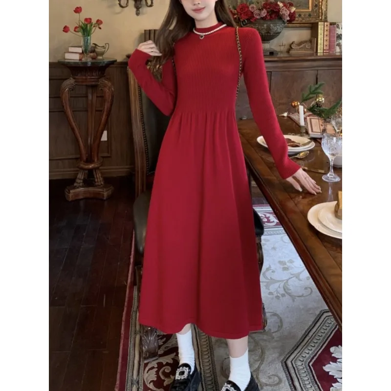 Knitted Skirts Base Inner wear Long sleeve dress Women Autumn and Winter 2024 New over-the-Knee Drape Red Long dress