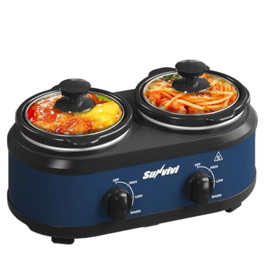 

Double Slow Cooker with Removable Pots Small Mini Crock Buffet Server and Warmer Adjustable Temperature Visible Glass Lids Dish