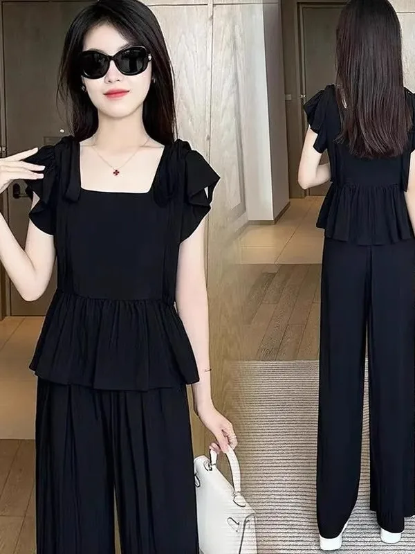 Conjunto de Dos Piezas para Mujer, Verano 2025, Estilo Deportivo Informal, Cuello Cuadrado, Pantalones Anchos, Ropa para Mamá, Poliéster, Pantalón Largo