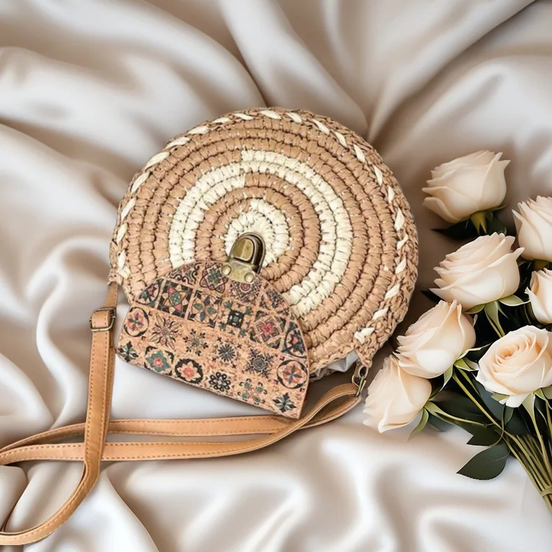 

Summer Women's Straw Woven Handbag Fashionable Ethnic Crossbody Shoulder Bag round Pie Shaped Bag Tote Bag Single Strap Bag
