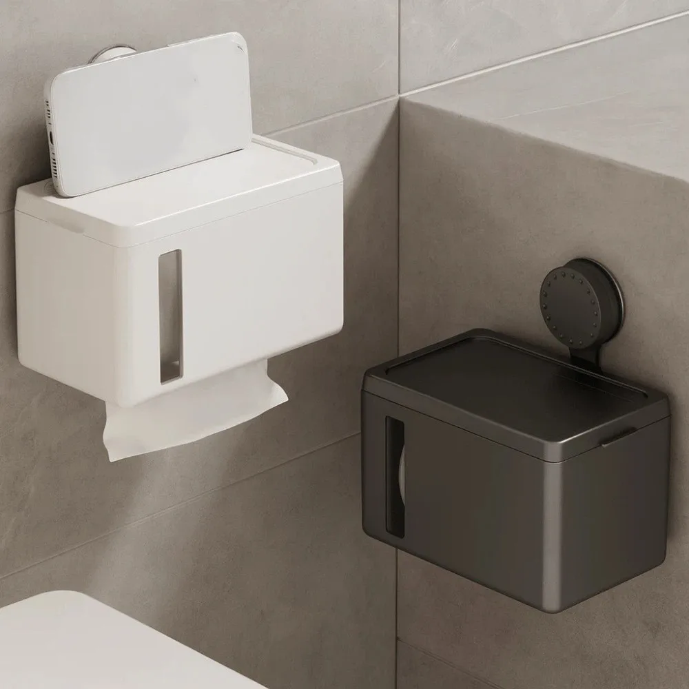 

Punch Free Suction Cup Toilet Paper Holder Detachable Wall Mounted Toilet Tissue Box Plastic Large Capacity