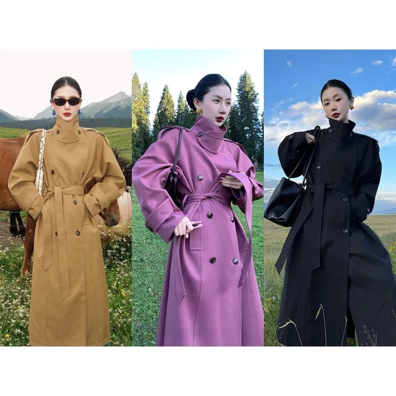 2026 معطف طويل ريترو كلاسيكي مزاجه ركاب التلبيب خندق معطف المرأة الكاكي صورة ظلية ملابس نسائية عالية الجودة
