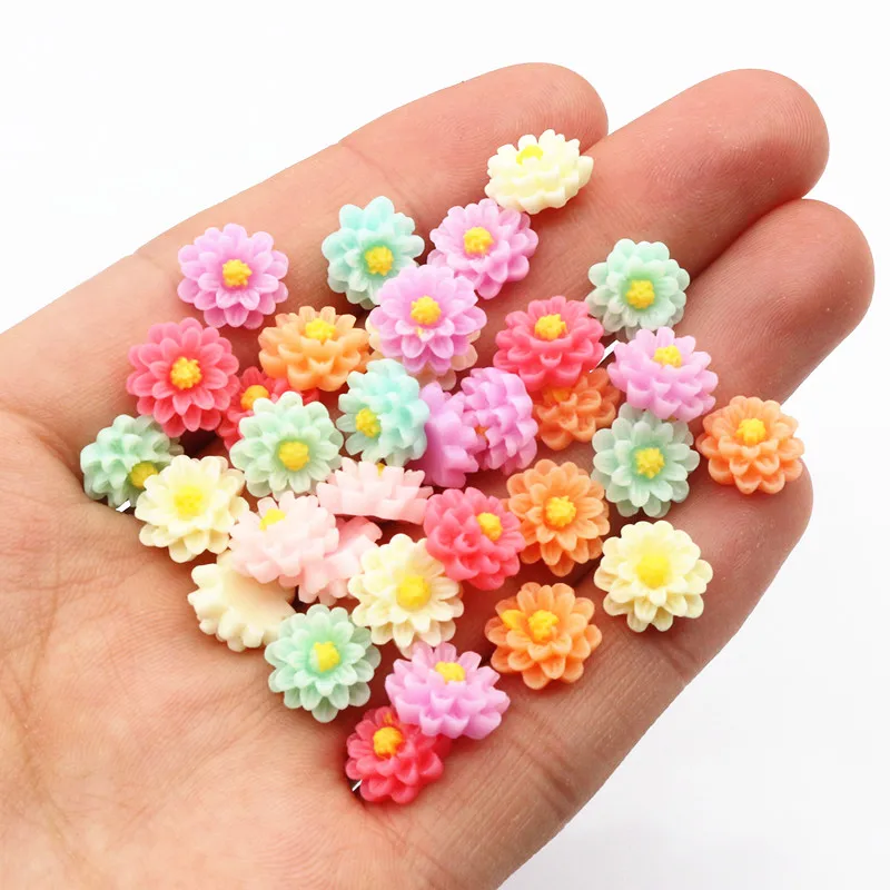 New Fashion 40pcs 10mm 12mm Mix Colors Flat back Resin Flower Cabochons Cameo Dome DIY Jewelry Making Accessories Findings