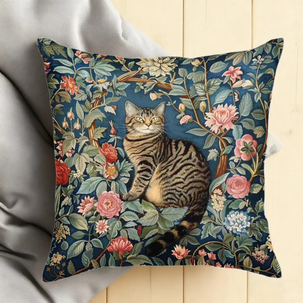 1 Stück botanischer Tabby-Katzen-Kissenbezug aus Polyester, 2D-doppelseitiger Druck, dekorativer Kissenbezug für Schlafzimmer, Wohnzimmer, Per