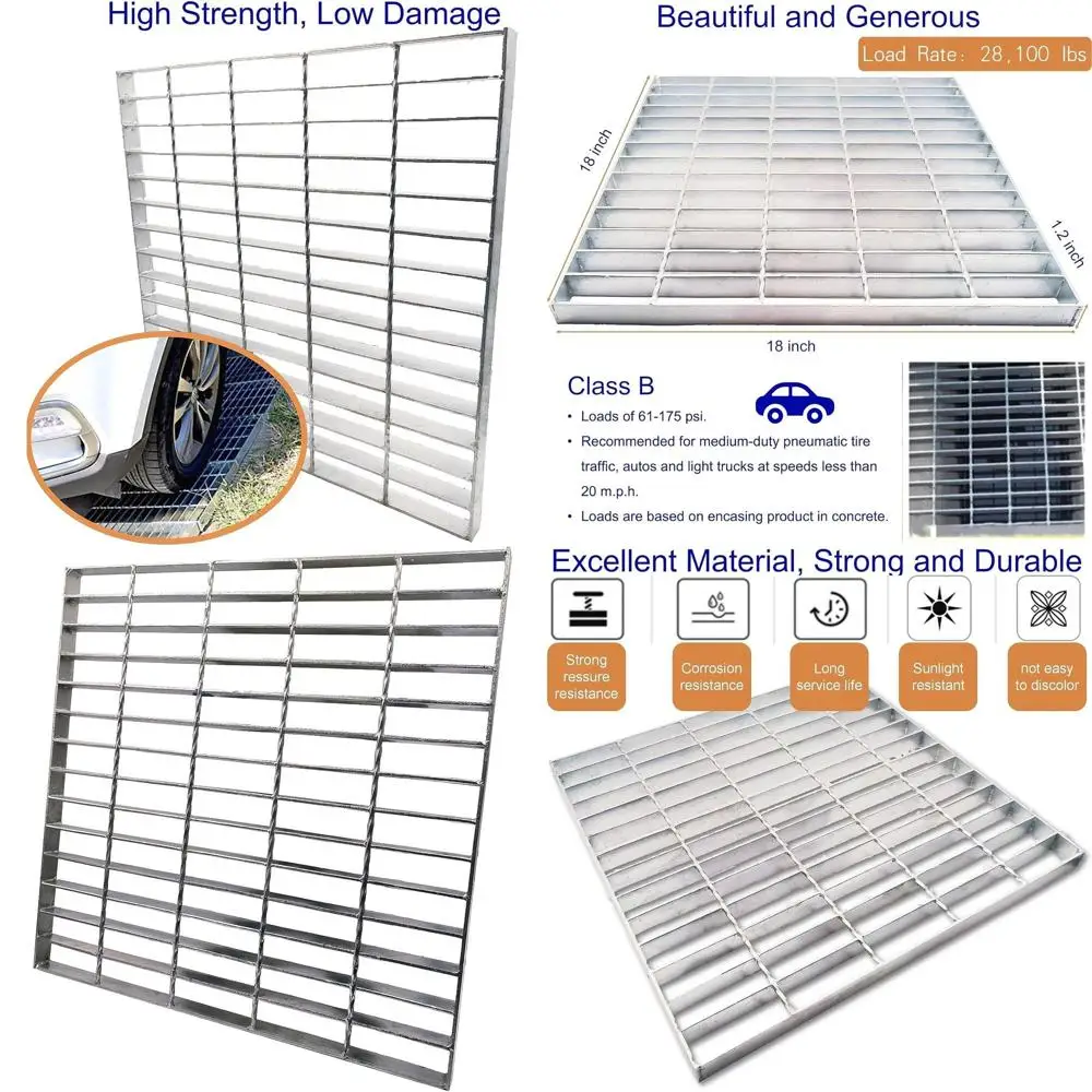 

Heavy-Duty 28100 lbs Galvanized Steel Drain Grate, 18x18 in, Outdoor Trench Cover for Driveways and Garages, Suitable for Light