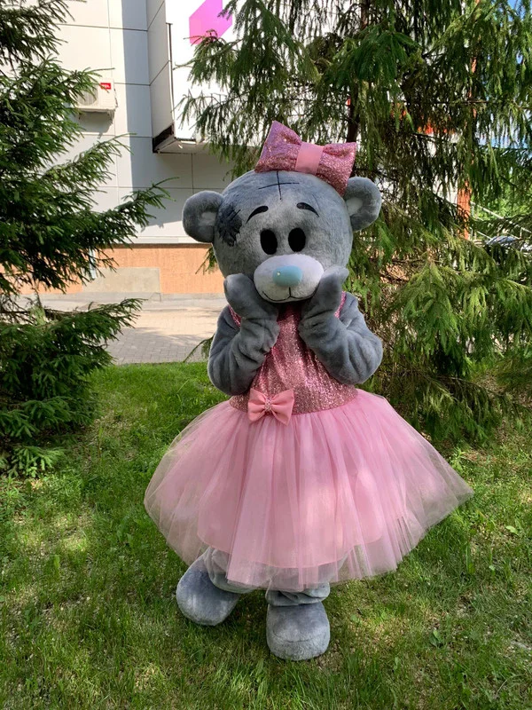 

Pink Dress Cute Teddy Bear Mascotte Fancy Cartoon Grey Bear Mascot Costume Plush Fancy