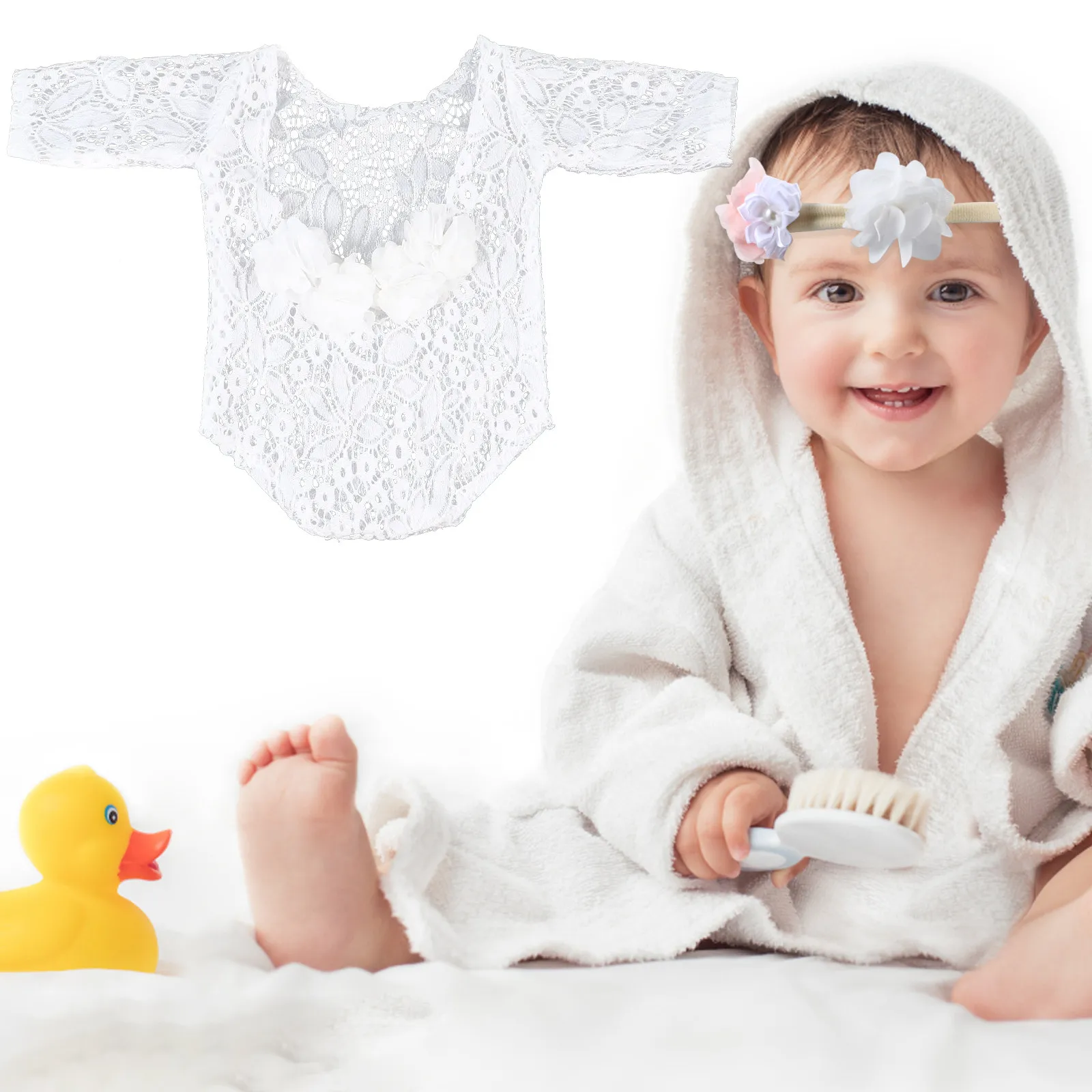 

1Set Newborn Photography Costume Lace Romper Outfit with Headband Exquisite Detail Bodysuit for Memorial Photos Baby Shower