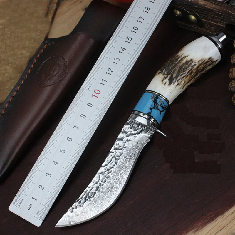 Fixed Blade Knife Free shipping sharp Damascus steel imports blacksmithing camping tool Antler handle outdoor self-defense knife