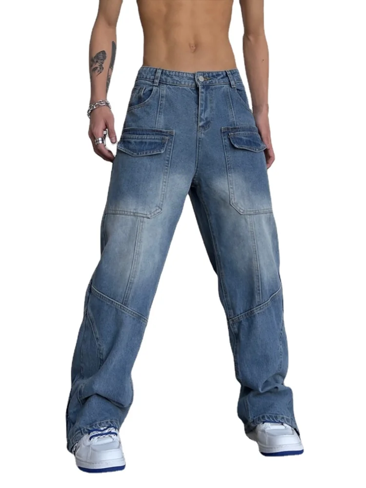 Fashion Straight Denim Jean Pants Unisex Casual Bottom Button Open Pants High Street Cargo Trousers Hip Hop Zipper Joggers Men