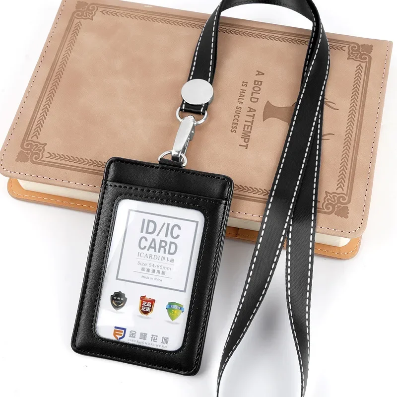 

Fashion Men Worker ID Card Holder with Neck Lanyard Simplicity Solid Color Leather Horizontal Vertical Worker Card Holder