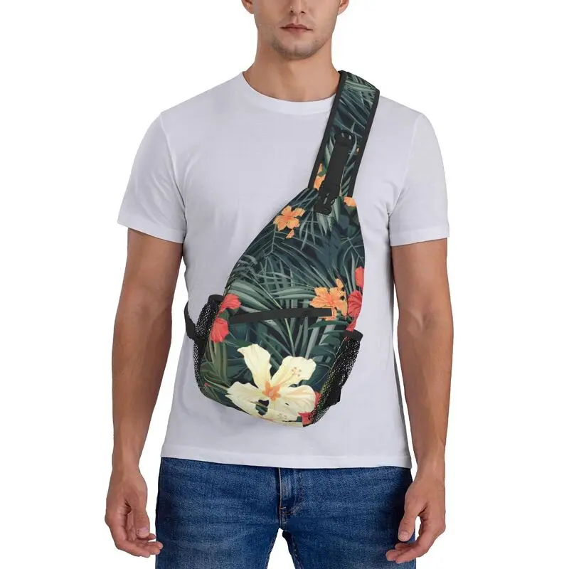 Jungle Flowers Pattern Sling Bag Men Summer Tropical Plants Leaves Shoulder Chest Crossbody Backpack Cycling Camping Daypack