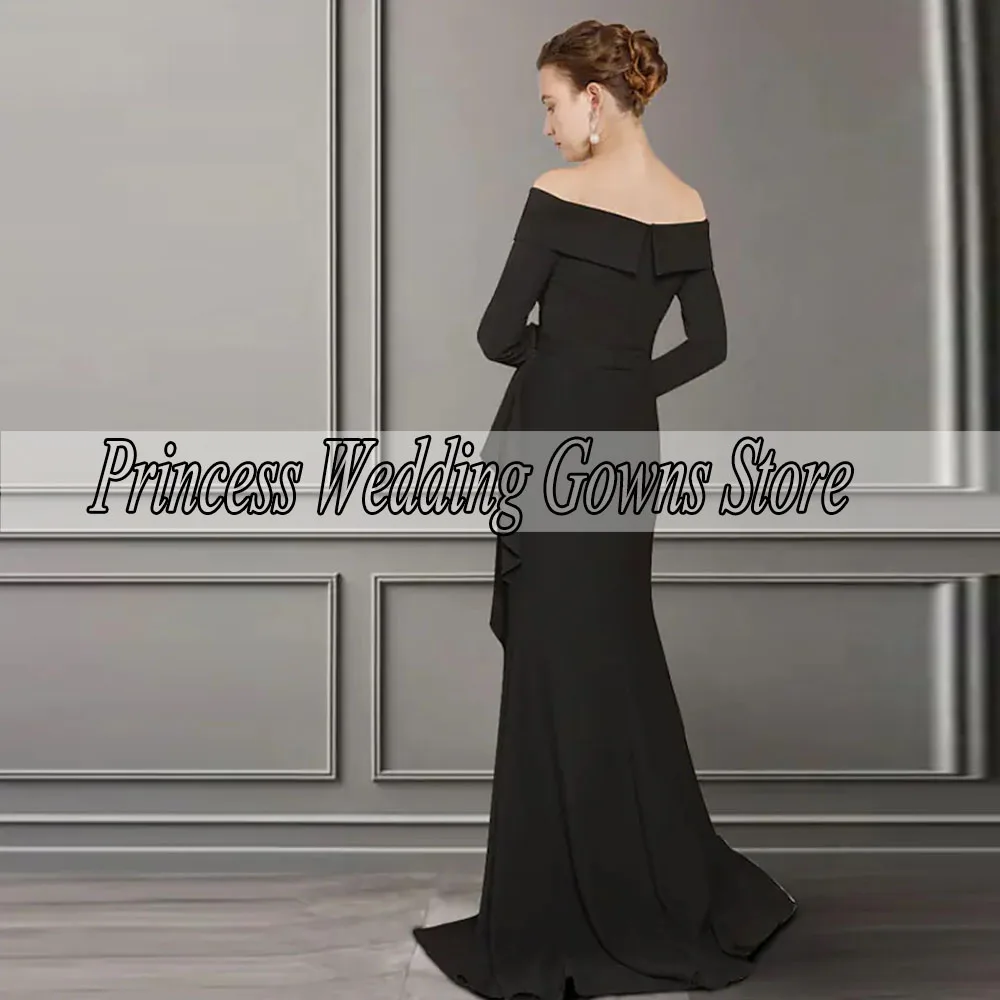 Customized Simple Black Formal Mother Of The Bride Dresses Long Sleeves Side Slit Off Shoulder Wedding Guest Gown Custom A Line 