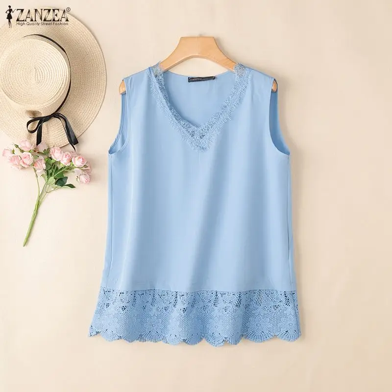 ZANZEA Summer Sleeveless Lace Trim Tanks Women V-Neck Holiday Blouse Elegant Korean Style Patchwork Work Wear Tops Tunic Mujer