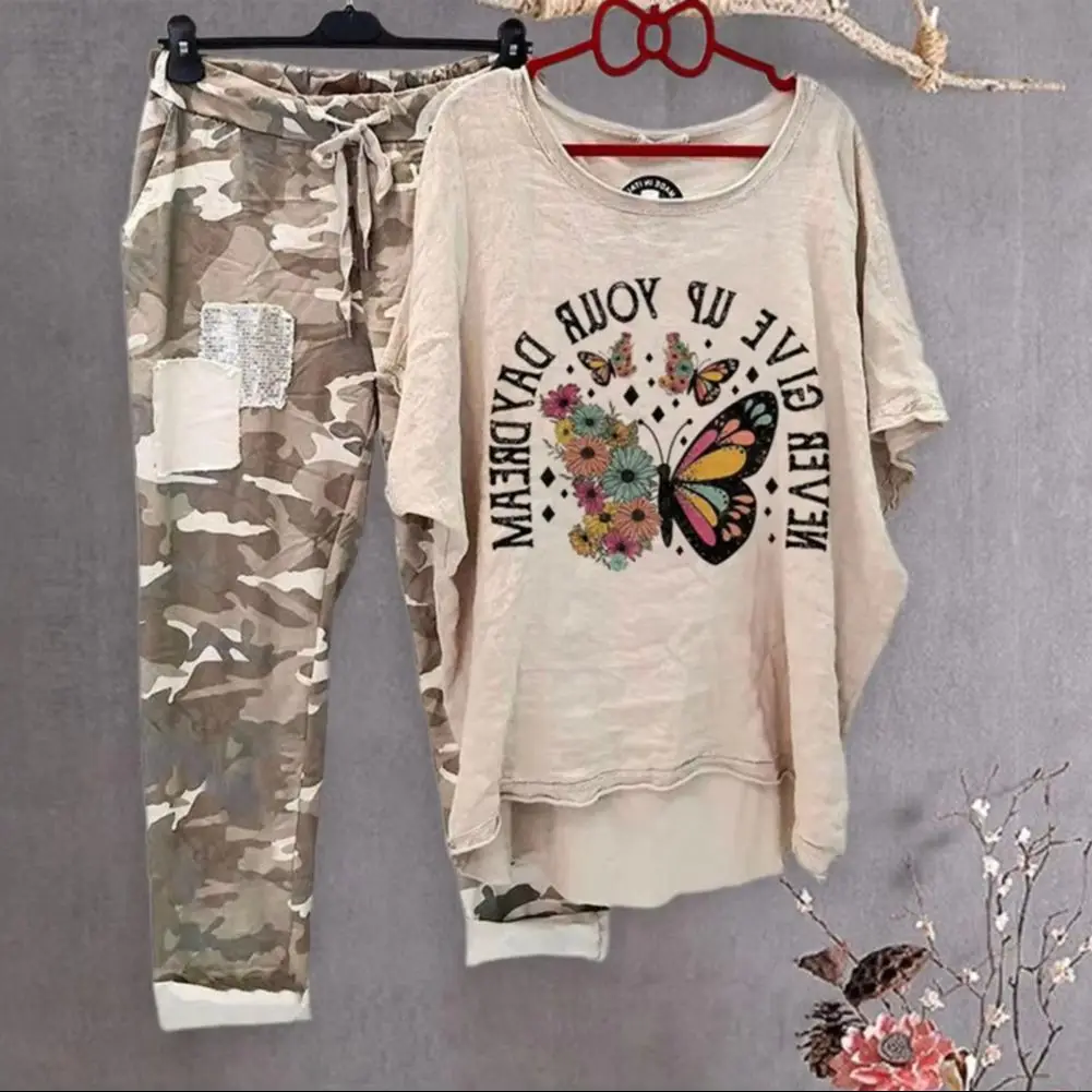 

2025 Women's Summer Casual Suit Round Neck Printed Breathable Cotton Blend Lightweight Sportswear Outfit Lady Women's Outfit