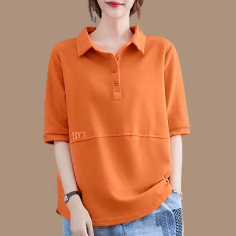 Women's Orange Polo Neck Half Sleeve Top Loose Fit Casual T Shirt With Embroidery Letter Detail