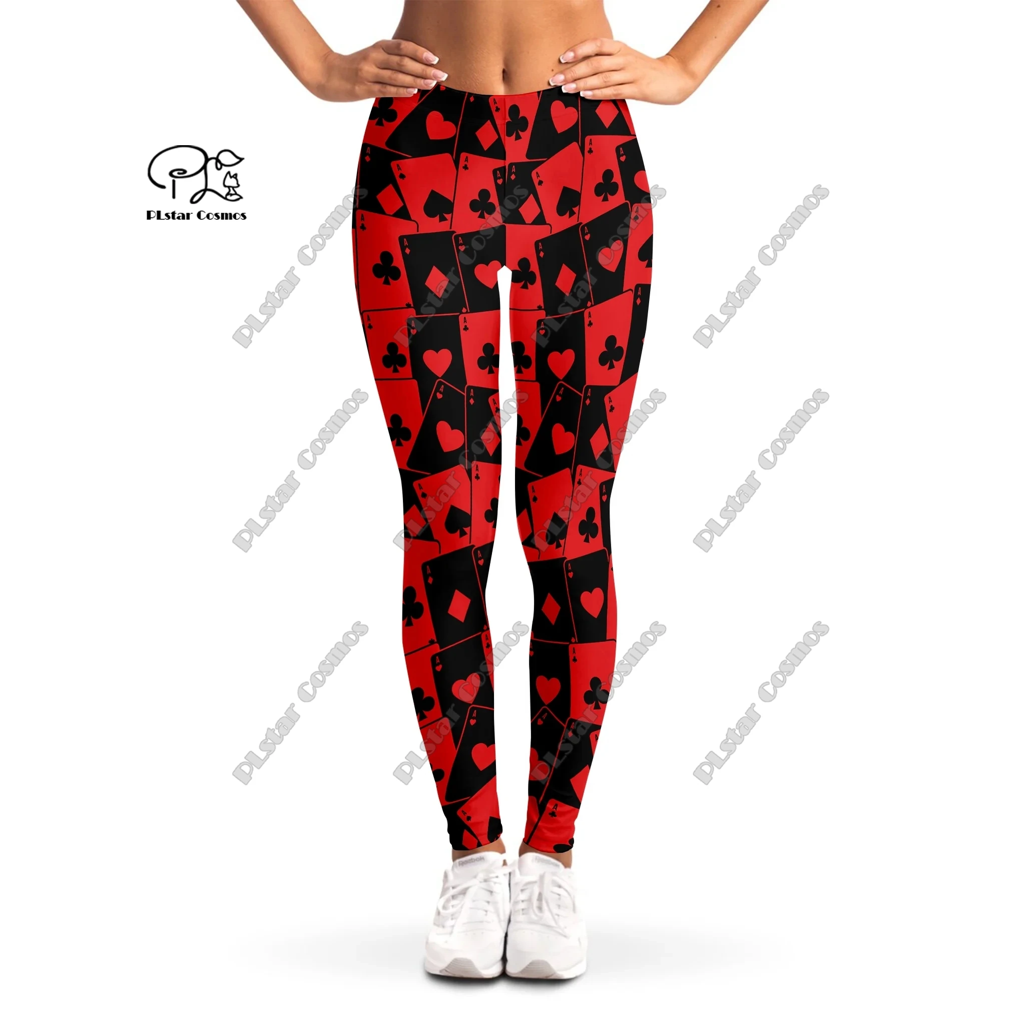 PLstar Cosmos Plus Size Women's 3D Printed Cartoon Leggings  Black and red poker leggings Women's sports leggings Mujer