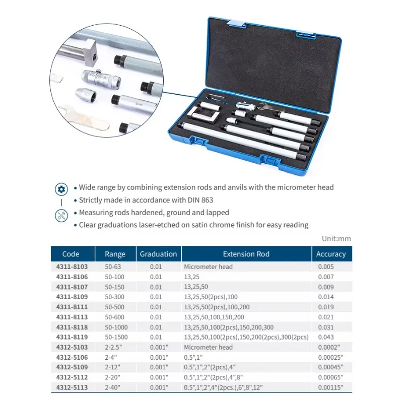 Venda quente Dasqua Tubular Dentro Micrômetro 50-1000mm Tubular Dentro Micrômetro Conjunto Com Haste de Extensão