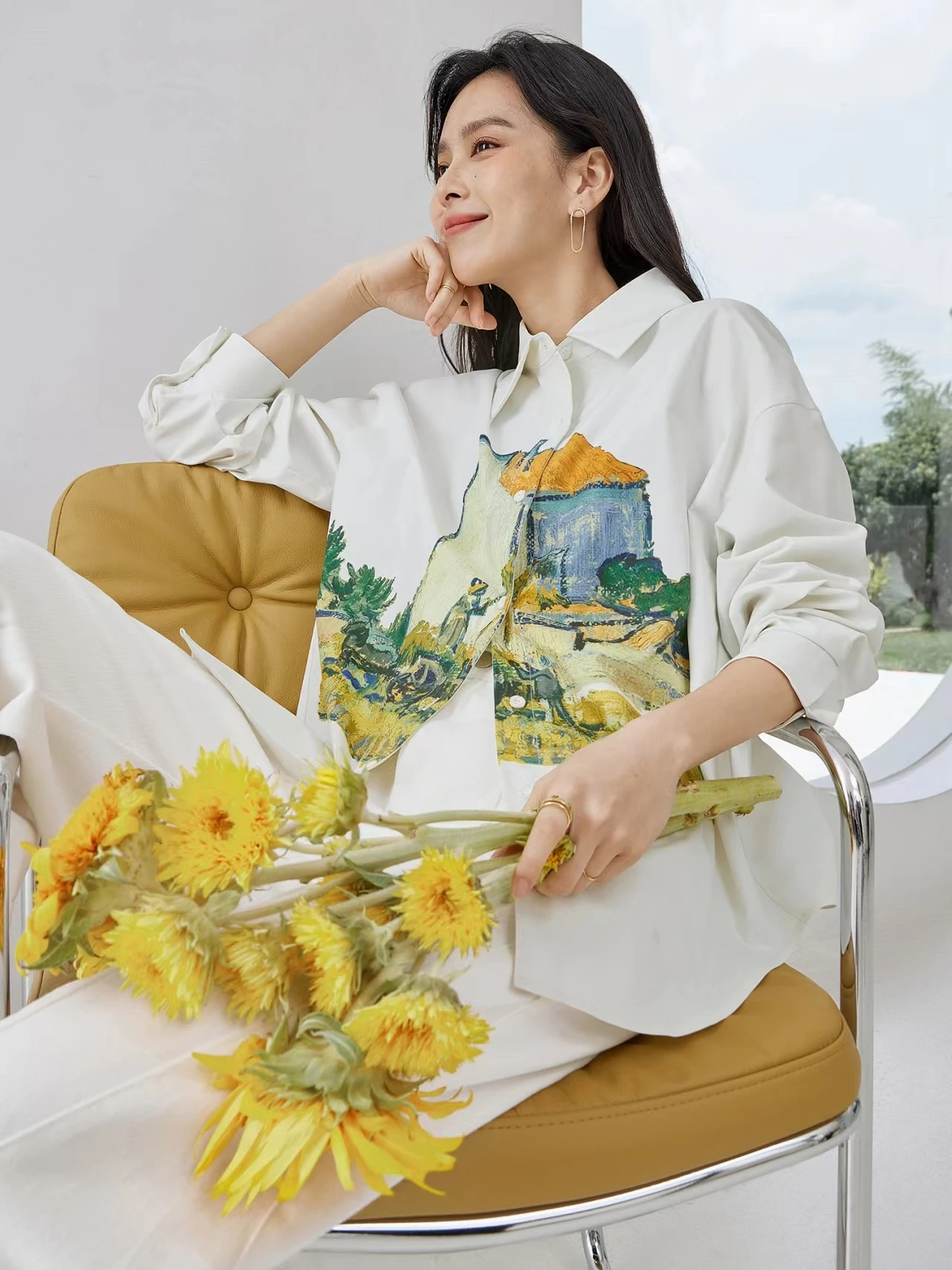 CHEERART Oil Painting White Button Up Shirts Long Sleeve Tops For Women 2023 Collar Shirts & Blouses Luxury Designer Clothing