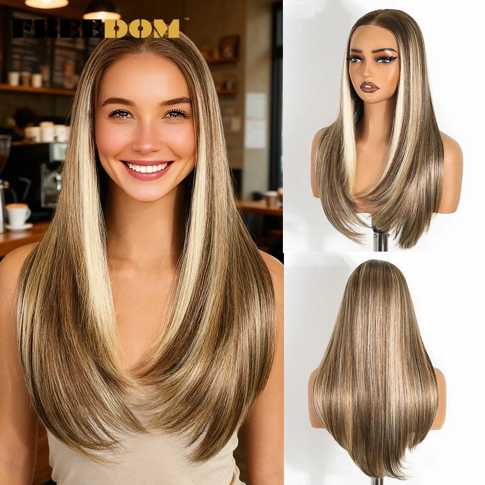 

FREEDOM Synthetic Lace Front Wigs For Women Straight 9x6 Pre Plucked Layerd Wig 24" Ombre Blonde Pre Cut Wear And Go Lace Wigs