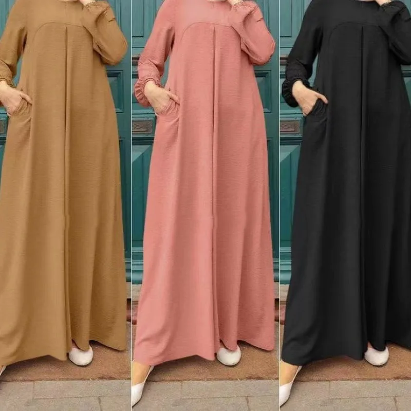 

2023 Middle East Türkiye Islam Ramadan Abaya Casual Solid Splice Muslim Women's Dress Rubber Band Cuff Women's Dress