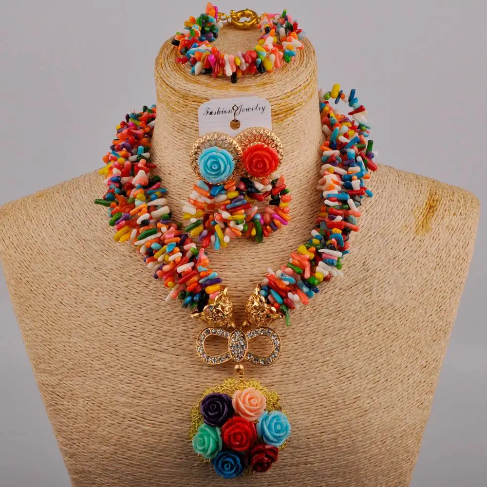 

Fashion African Birthday Party Wedding Jewelry Multicolors Coral Gravel Necklace Nigerian Bridal Wedding Bead Set AU-720