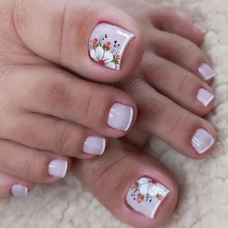 

24pcs Luxury Floral Press-On Toe Nails - Minimalist Milky White French Tip Pedicure Set False Toenail For Women Girl