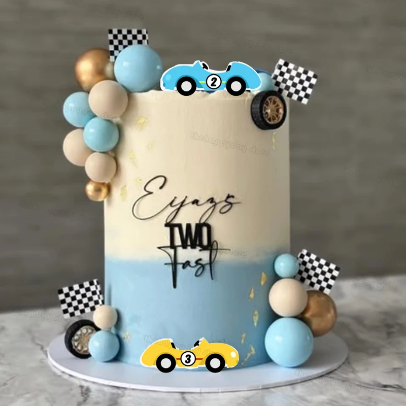33Pcs Race Car Cake Decorations Blue Balls Cake Toppers Car Cake Topper for Two Fast Birthday Baby Shower Baptism Cake Decor