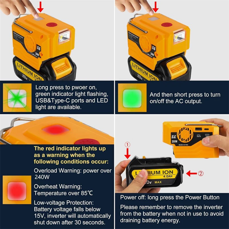 200W Power Inverter Generator for Dewalt 18V 20V Battery, Portable DC 20V to AC 120V/220V Adapter with USB&Type-C Port,LED Light