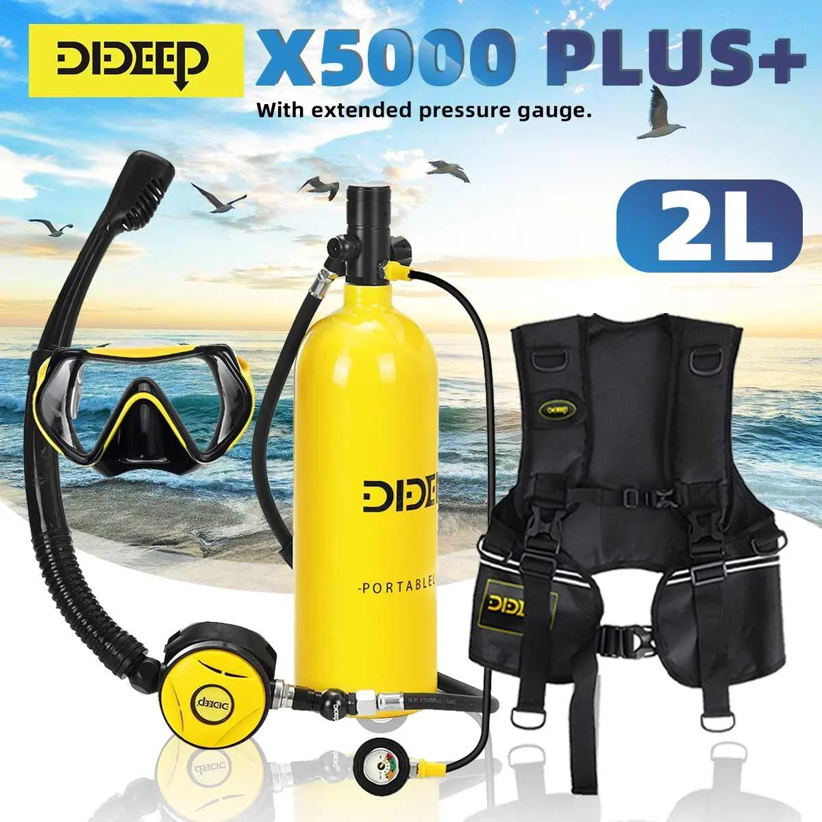 DIDEEP 2L Scuba Diving Tank+Snorkel Tube+Upgrade Pressure Gauge+Diving Glasses+Vest bag Oxygen Cylinder Snorkeling Equipment