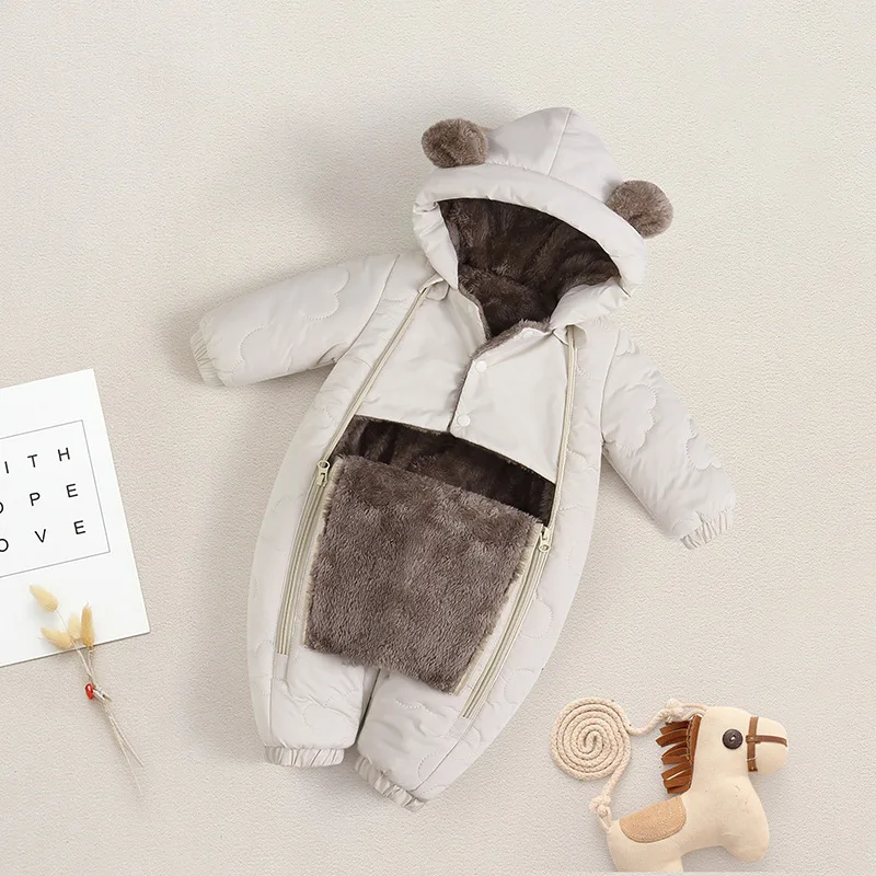 2025 new winter newborn cartoon thick double zipper hooded cotton windproof warm jumpsuit for 0-2 years old