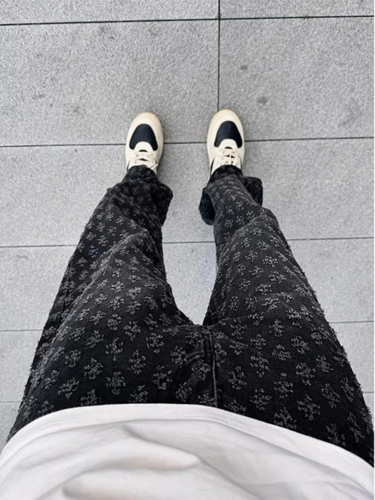 

Trendy Hip Hop Men's Straight Leg Jeans Summer Washed Floral Print mid High Waist Long Pants American Style Streetwear