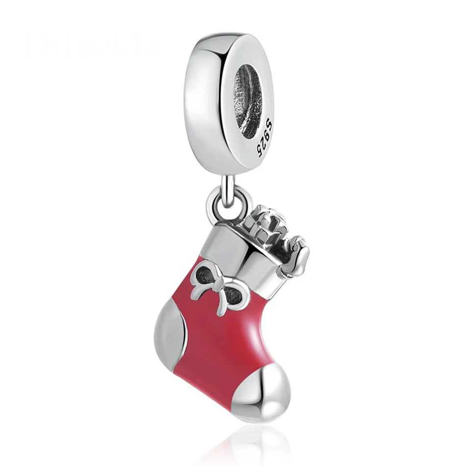 Red Enamel Festive Stocking Pendant Hanging Charm fit Lady Bracelet Bangle DIY Jewelry Silver Plated Pendant Bead