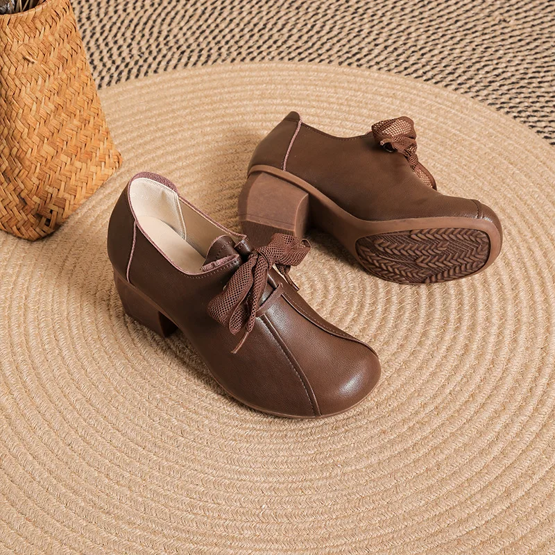 

Vintage Oxfords Mid Heels Women's Wingtip Lace Up Pumps Shoes Woman Autumn Retro Brogue Block Heeled Genuine Leather Dress Shoes