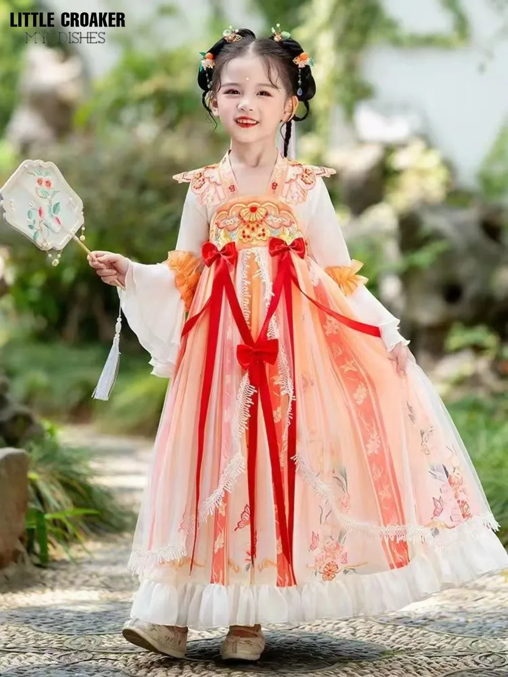 Pomarańczowy chiński strój starożytne chiny Hanbok dla dzieci orientalna wróżka Halloween Cosplay chin chin Girl Dress