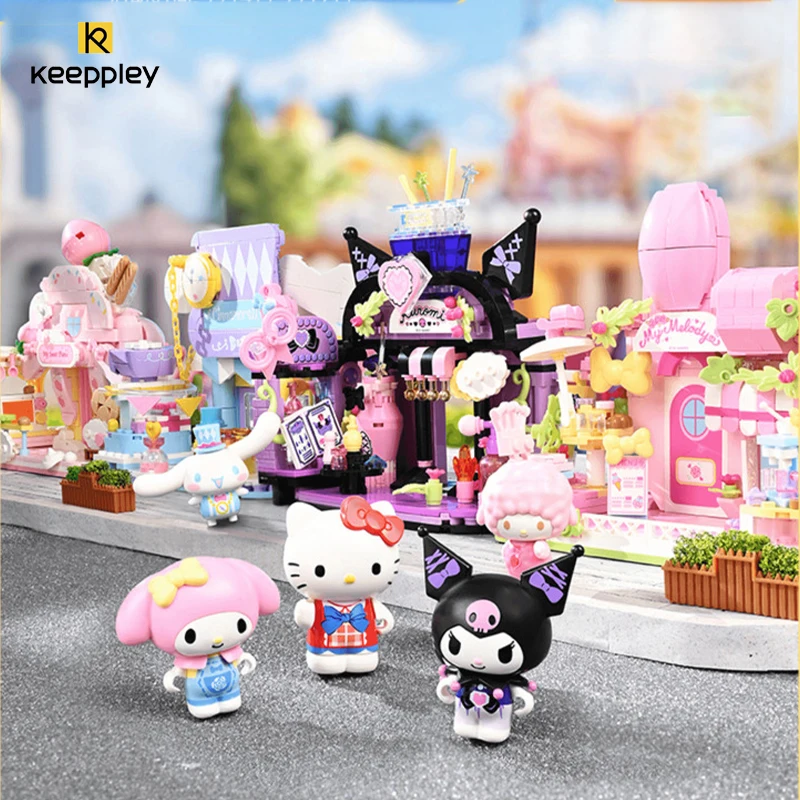 

2025 строительные блоки Keeppley Sanrio, оригинальные Kuromi Melody Gemini, мультяшная модель с видом на улицу, детская игрушка, подарок для девочки