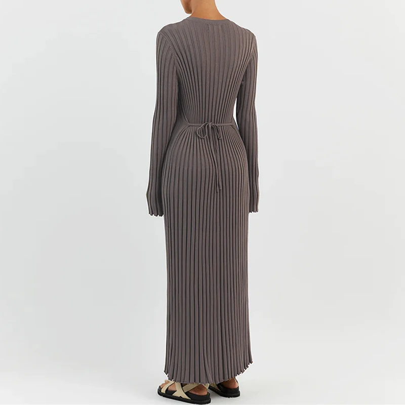 90s Vintage Tie Waist Dress Women Elegant Ribbed Full Sleeve Maxi Dress Crew Neck Bodycon Pencil Long Dress Streetwear 2024