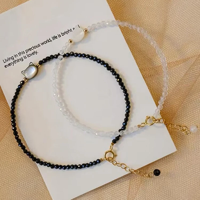 Schwarz Spinell Weiß Kristall Naturstein Armband Für Frauen Katze Shell Auf Hand Handarbeit Schmuck Großhandel Mädchen Herz Geschenk Party