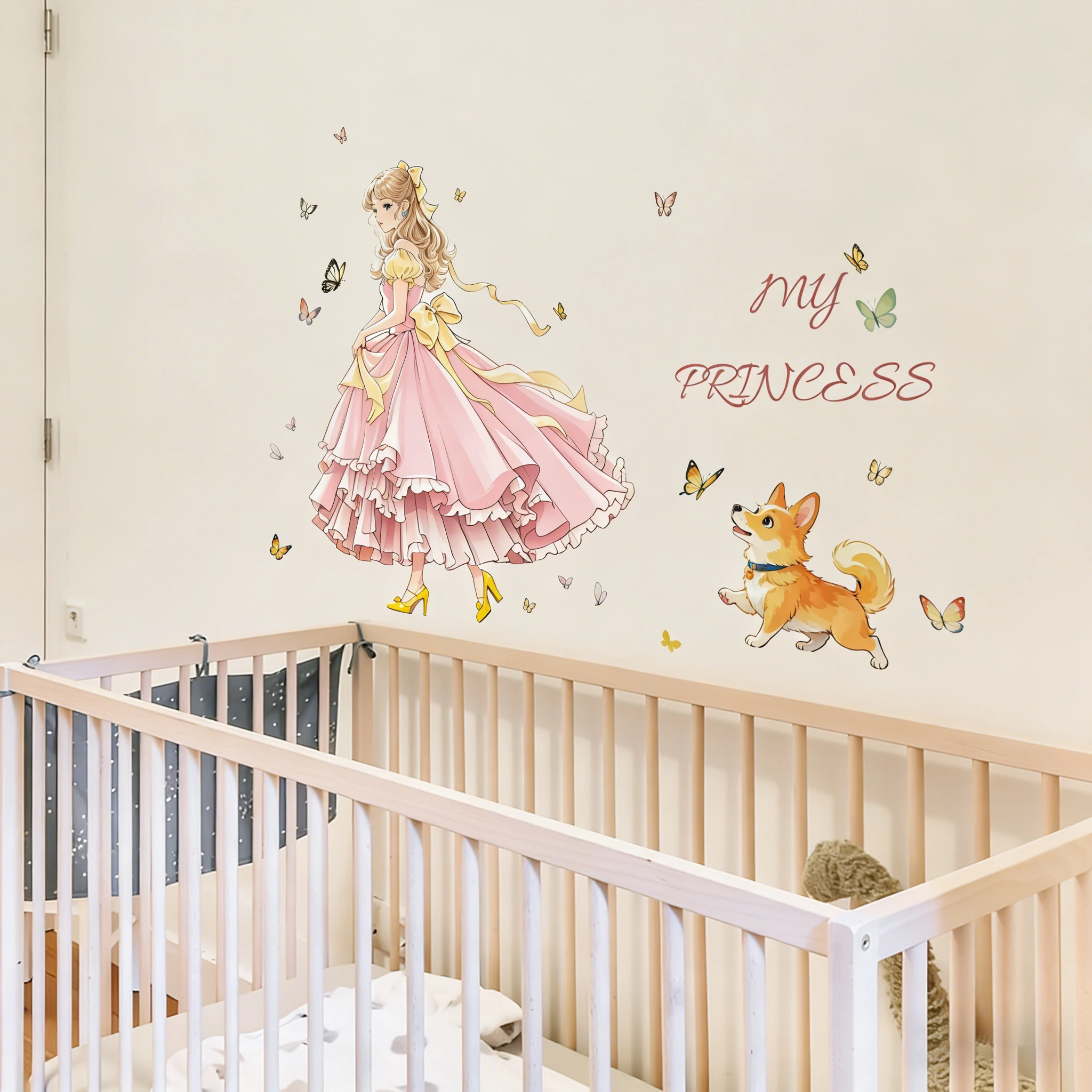 Pink Princess corgi Wall Sticker Butterfly English Element Decorative Sticker Wall Refurbishment Sticker