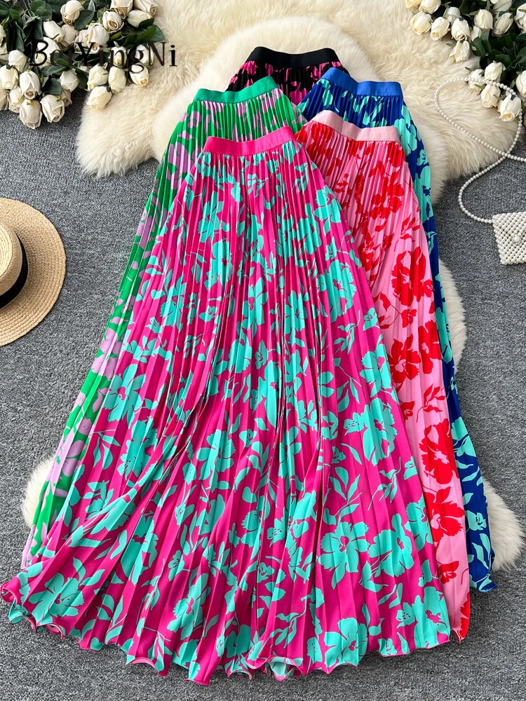 Beiyingni French Senior Classy Maxi Skirts for Women Spring Summer Beach Boho Kpop Pleated High Waist Skirt Female Floral Print