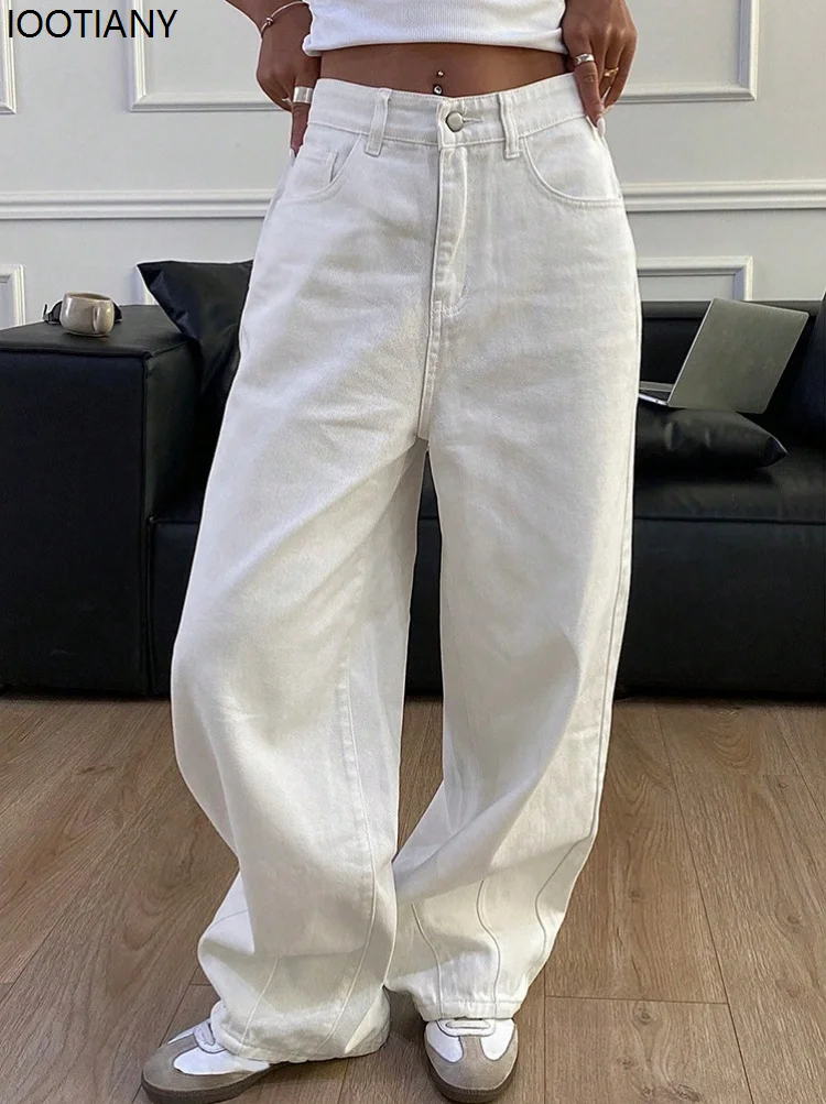 

2025 Loose Jeans Fashion Women High Waist Pocket White Solid Color Retro Wide Leg Jeans Casual Office Ladies Commuter Trousers